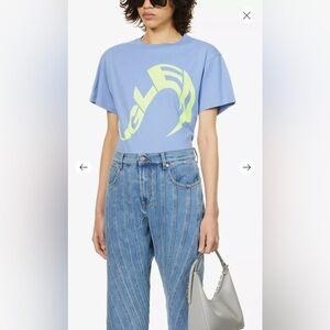 NWT MUGLER Logo-print cotton-jersey T-shirt in Baby Blue Color/FR34